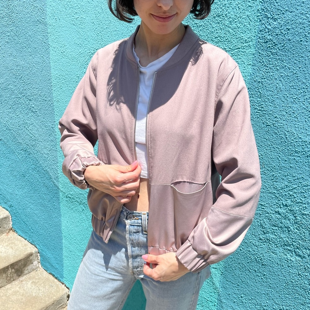 Lavender Mauve Bomber Jacket with Satin Panels